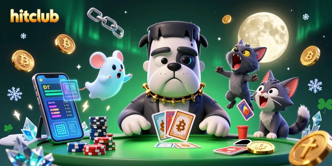 Experience hitclub’s thrilling gaming atmosphere with a spooky scene of animated characters and crypto elements.