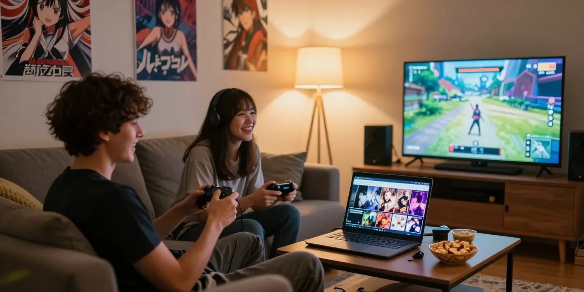 Enjoying a free hentai game with friends in a cozy living room.