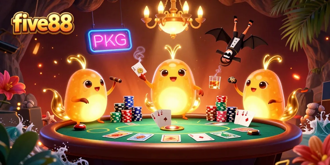 Join the action at five88 with poker excitement illuminated by glowing creatures and a bat dealer.