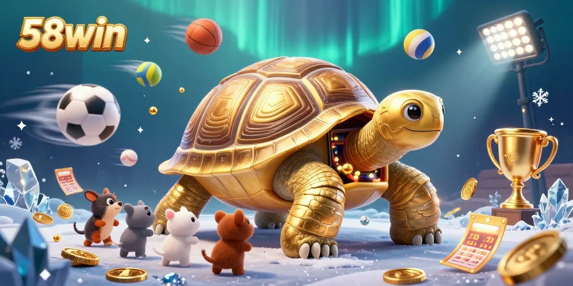 Engage in thrilling games at 58win with an exciting illustration of a colossal golden tortoise pinball machine, sports elements, and adventure.