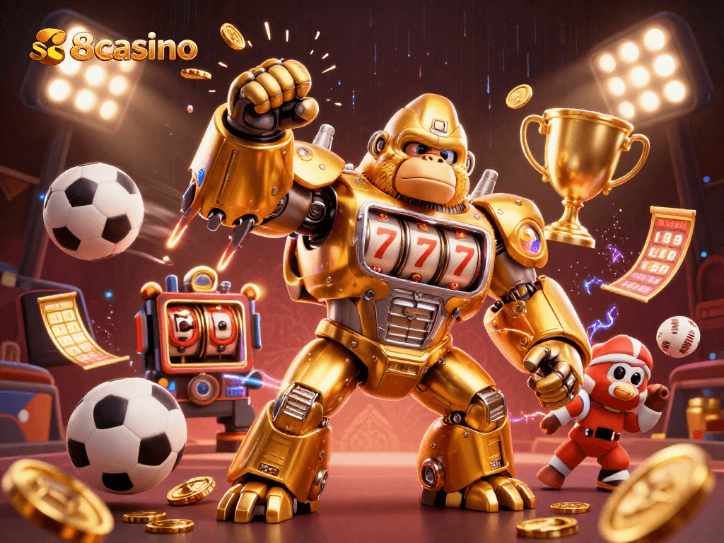 S8casino illustration of a golden gorilla mech amidst flying sports balls, evoking dynamic gaming action.