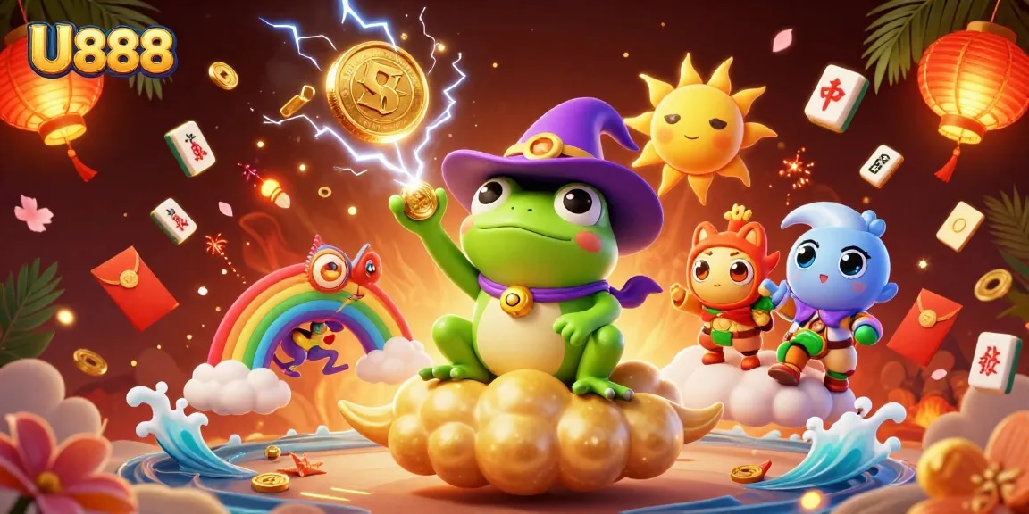 Engage in thrilling experiences at U888 as a whimsical frog conjures golden coins amidst vibrant casino elements.