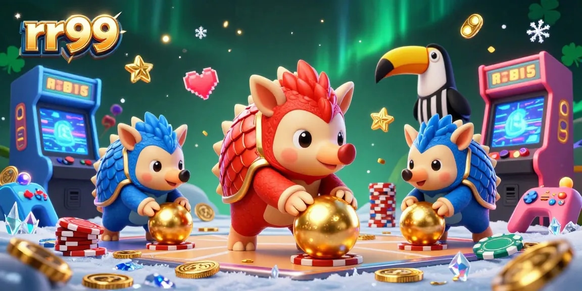 Compete in rr99 by rolling pangolins among stacks of poker chips in a vibrant casino setting.