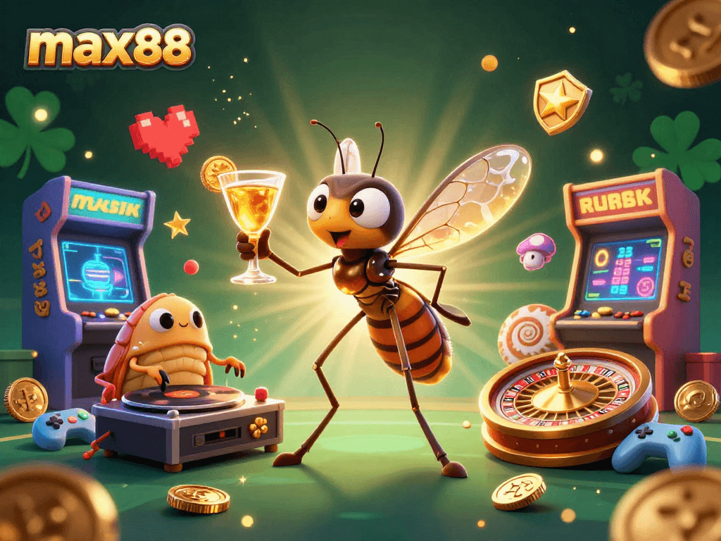Engage with max88's vibrant casino world featuring a dynamic frozen-in-amber mascot and trilobite DJ.