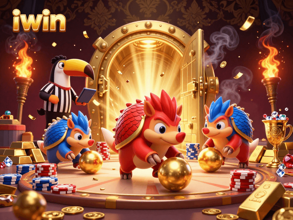 iwin pangolins compete in a vibrant casino scene filled with treasures and excitement.