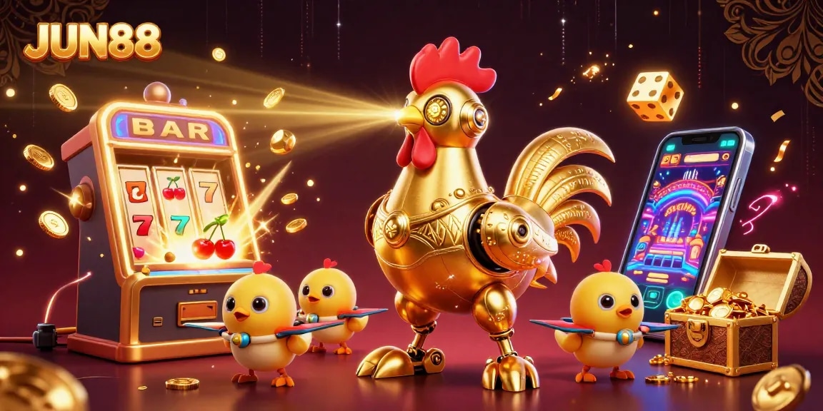 Experience the thrill of JUN88 gaming with vibrant 3D characters and dynamic casino elements.