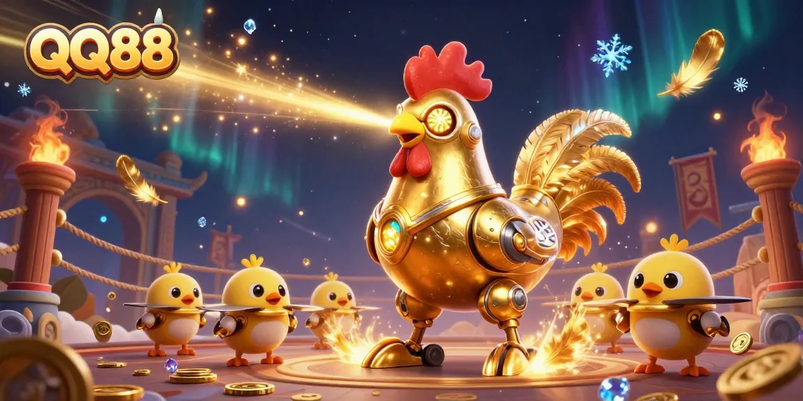 Engage with QQ88's vibrant online casino atmosphere, featuring a futuristic golden rooster and baby chick drones surrounded by thrilling betting elements.
