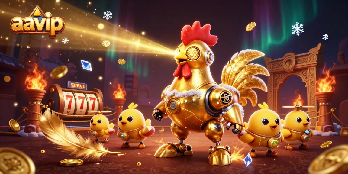 AAVIP's thrilling casino adventure showcases a golden rooster robot and baby chick drones amidst vibrant gaming elements.