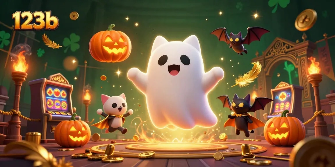 Engage with the 123b casino world featuring a ghost cat and vampire bat surrounded by vibrant slot elements.