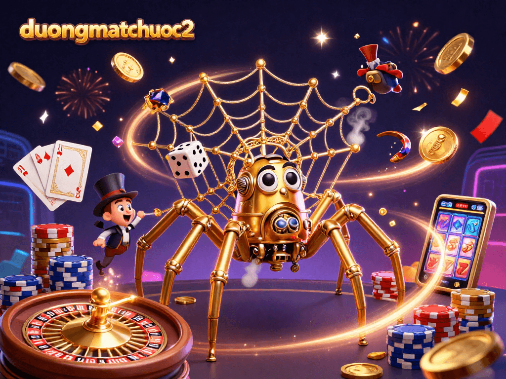 Engage in duongmatchuoc2 while enjoying a vibrant scene of a steampunk spider capturing mischievous dice in a casino.