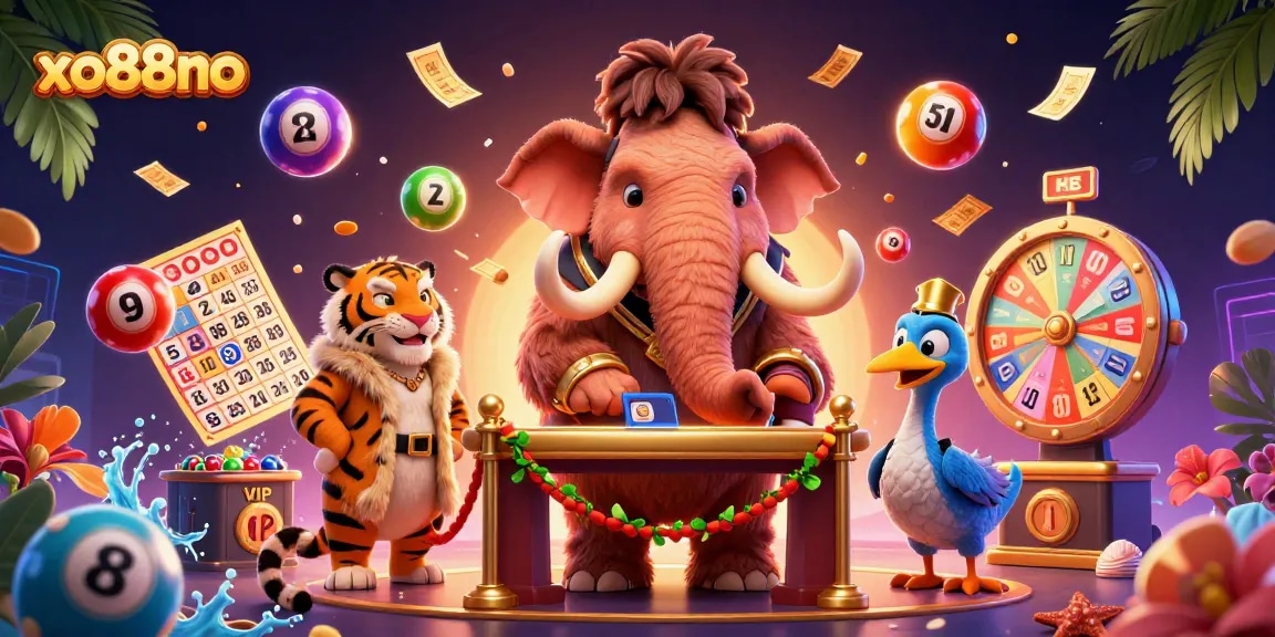 Immerse in xo88no's vibrant casino scene featuring a woolly mammoth bouncer and lottery excitement.