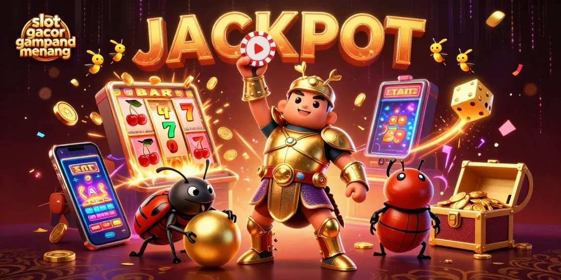 Win big with slot gacor gampang menang featuring a 3D cartoon beetle in a casino celebration scene.
