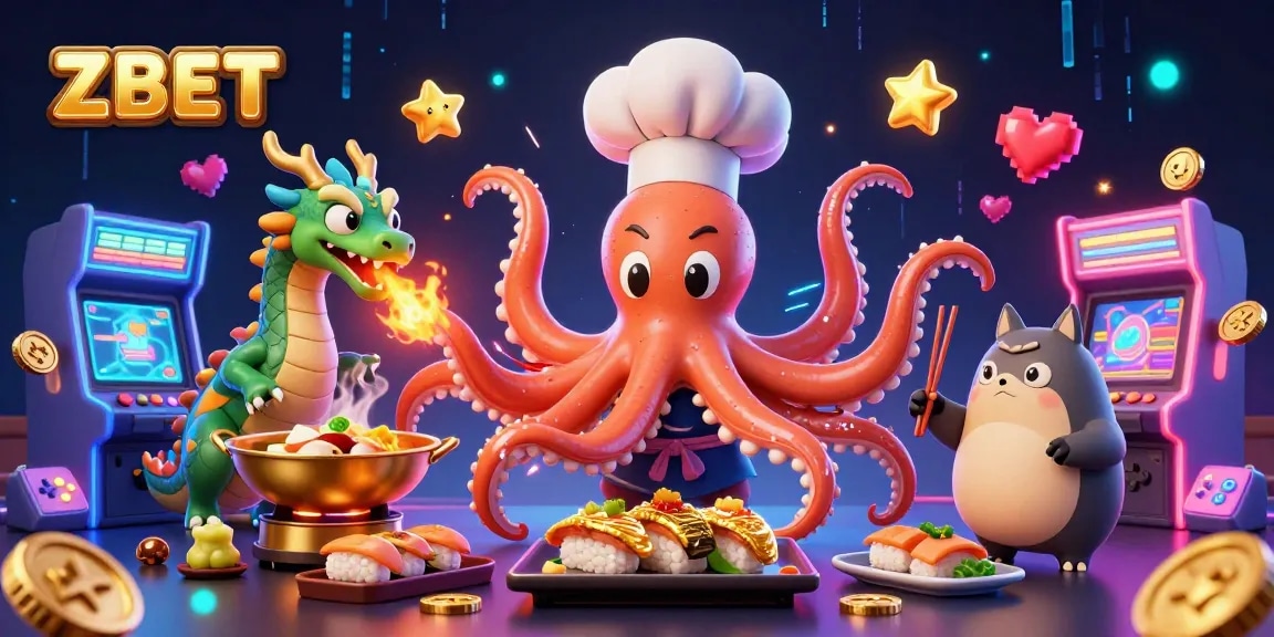 ZBET gaming scene with an octopus chef, dragon, and tanuki amid vibrant arcade elements.