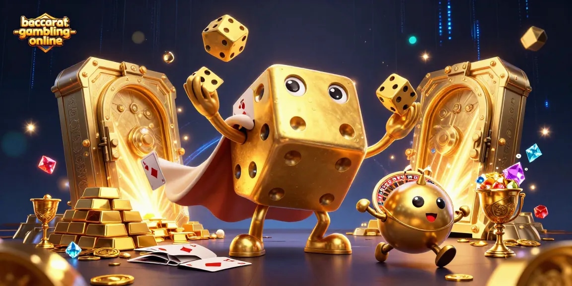 Baccarat-gambling-online showcases vibrant 3D casino elements with dice and jewels in a captivating scene.