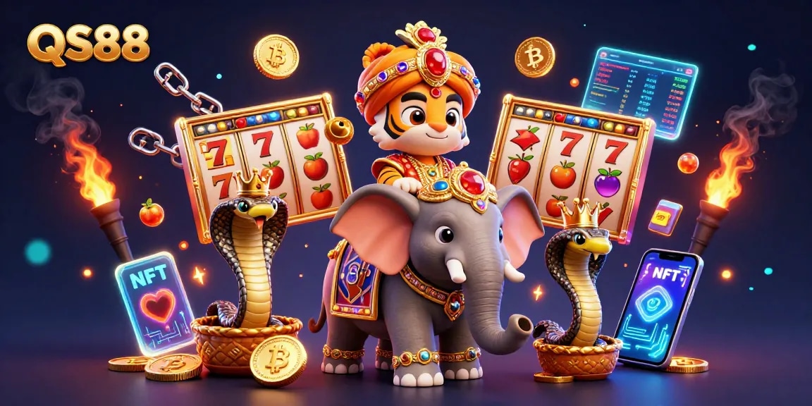 Experience exciting gameplay at QS88, showcasing a vibrant casino scene with characters and slot symbols.