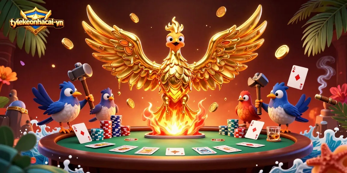 Engage with the thrilling atmosphere of tylekeonhacai-vn's vibrant poker scene featuring a golden phoenix.