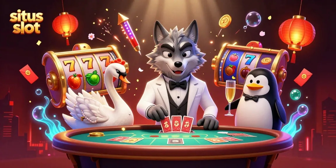 Gambar situs slot menampilkan serigala dewan dengan jas putih di meja baccarat, dikelilingi simbol keberuntungan.
