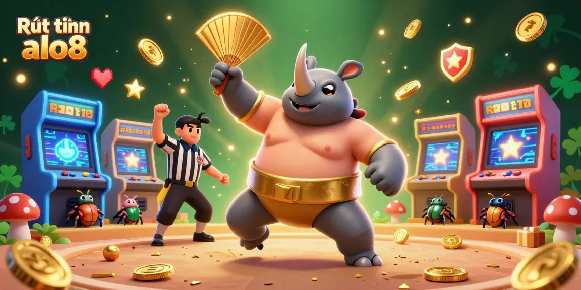 Experience Rút tiền alo8 with a vibrant casino scene featuring a sumo champion beetle and golden coins.