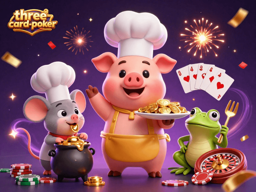 Experience three-card-poker excitement with gold coins and lively casino characters in action.