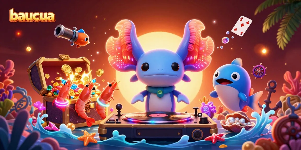 Engage with baucua, a vibrant casino experience featuring neon underwater characters and treasure elements.