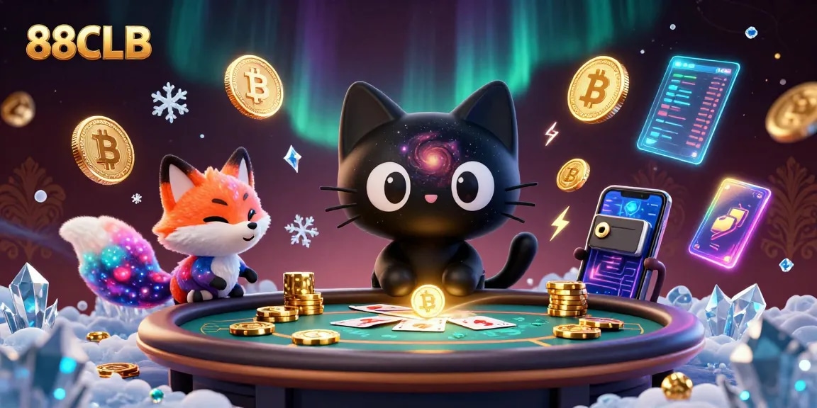 88CLB invites players to win big at the cosmic casino with a whimsical 3D rendering featuring a black hole cat and nebula fox.
