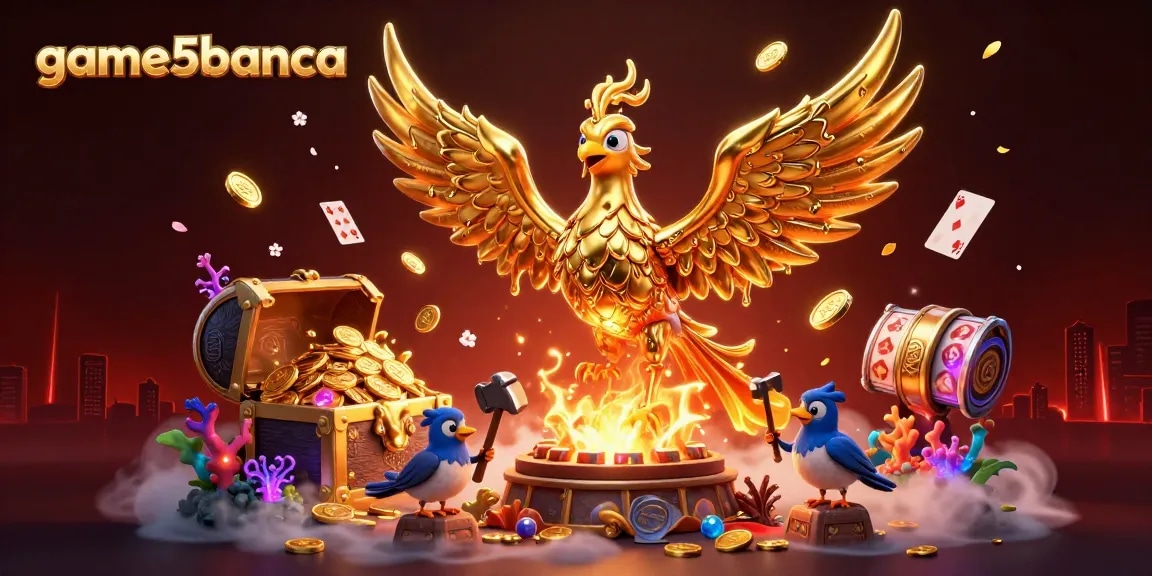 game5banca unveils a stunning 3D phoenix emerging from a molten forge amid rich casino elements, showcasing vibrant treasures.