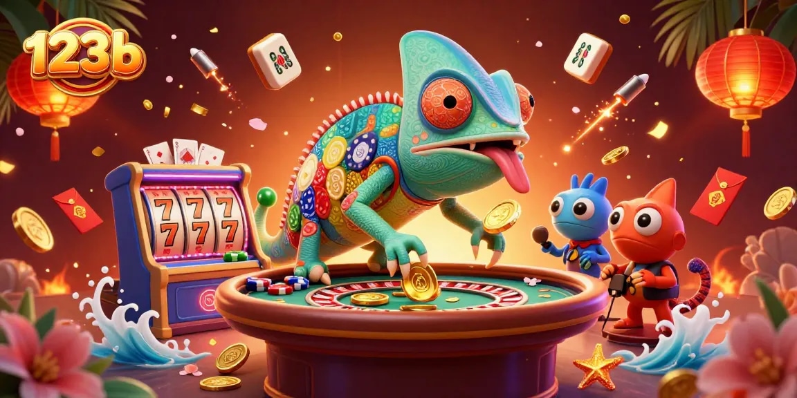 Engage with 123b as the chameleon casino owner attracts golden coins and slot reels in this vibrant scene.