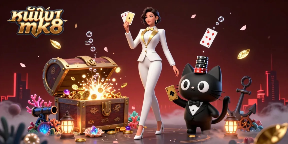 Engage in thrilling gambling action on หน้าแรก mk8 with a glamorous dealer and poker chips amidst vibrant gaming elements.