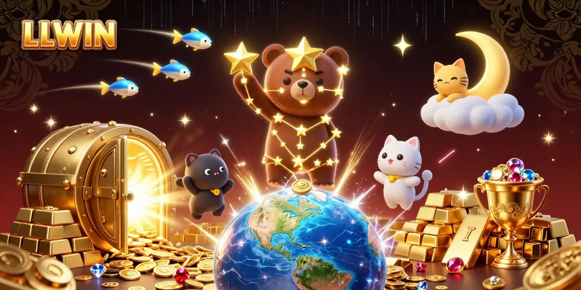LLWIN showcases a constellation bear scooping coins, surrounded by casino treasures and vibrant elements.