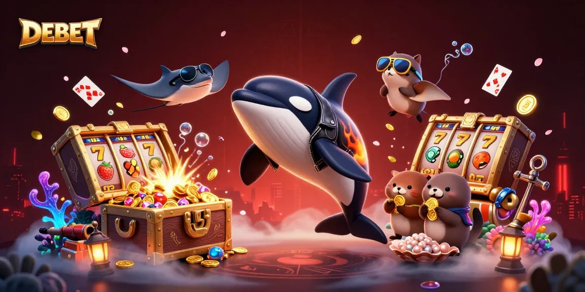 DEBET brings excitement with a 3D cartoon orca and friends celebrating wins with floating coins and slot reels.