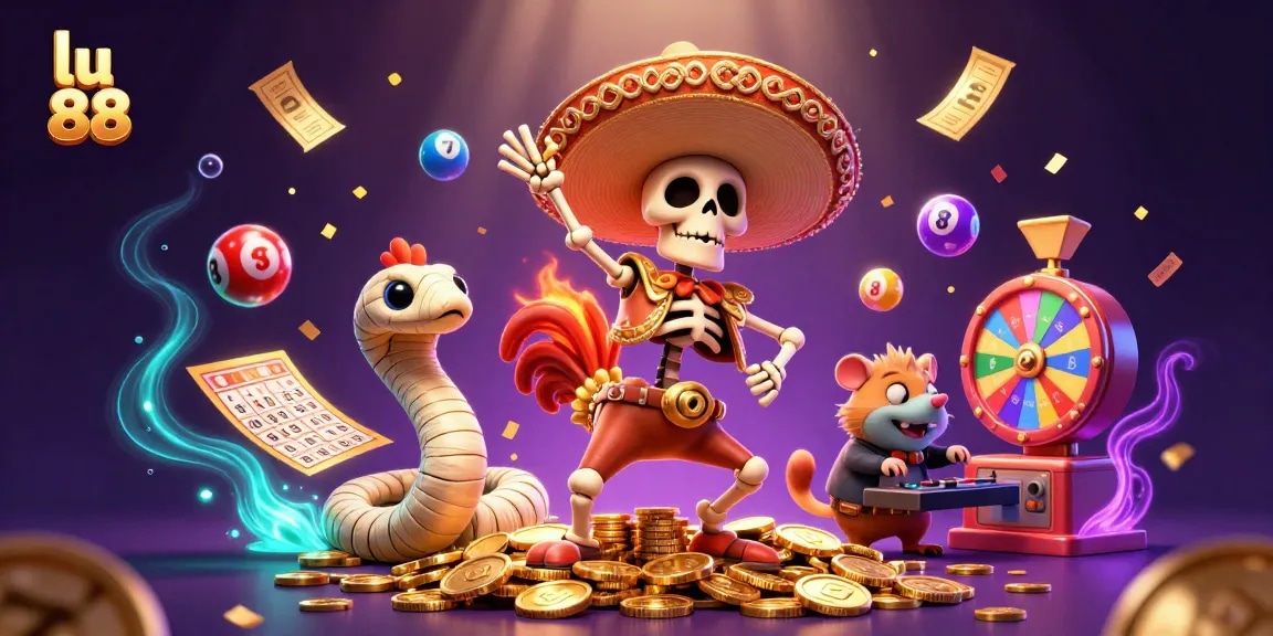 lu 88 showcases a cartoon skeleton mariachi rooster dancing on gold coins amidst colorful lottery visuals.