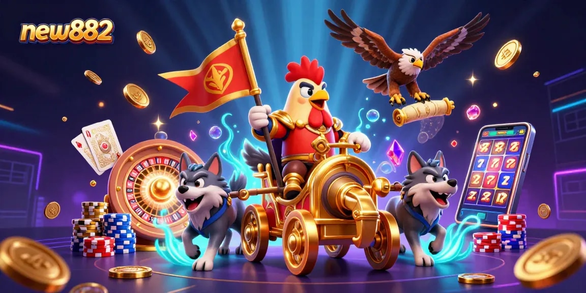 Experience the thrill of new882 with a regal rooster warlord amidst casino excitement and riches.