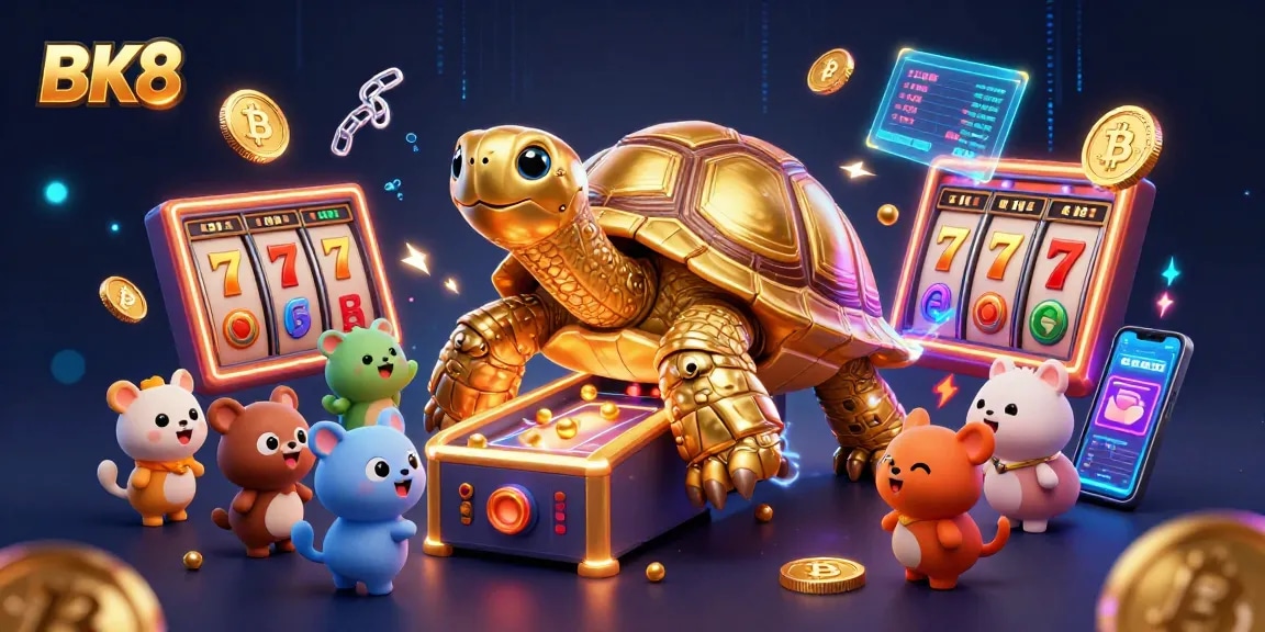 Play vibrant slot games with BK8, featuring a golden tortoise and animated characters in an exciting casino environment.