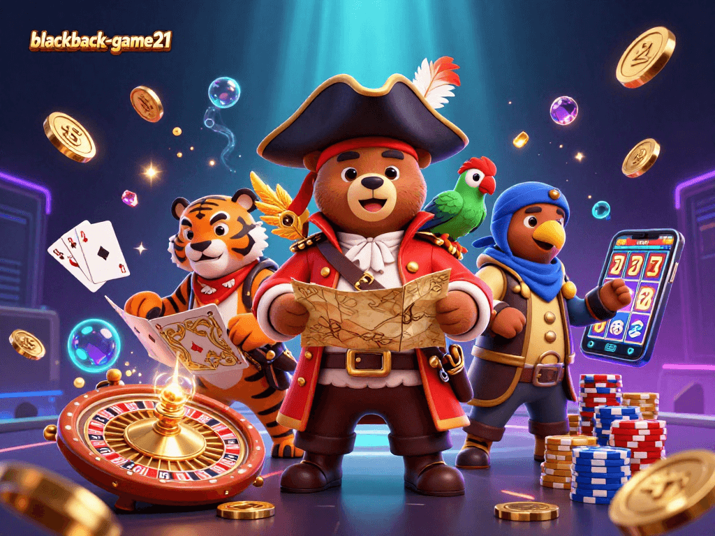 Engage in blackjack-game21 with a vibrant 3D casino scene featuring exciting game elements.