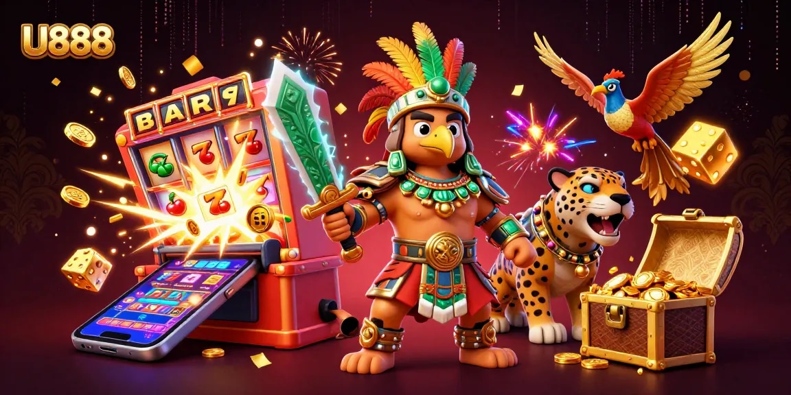 Experience thrilling gameplay at U888 as an Aztec warrior battles for jackpots in a vibrant casino scene.