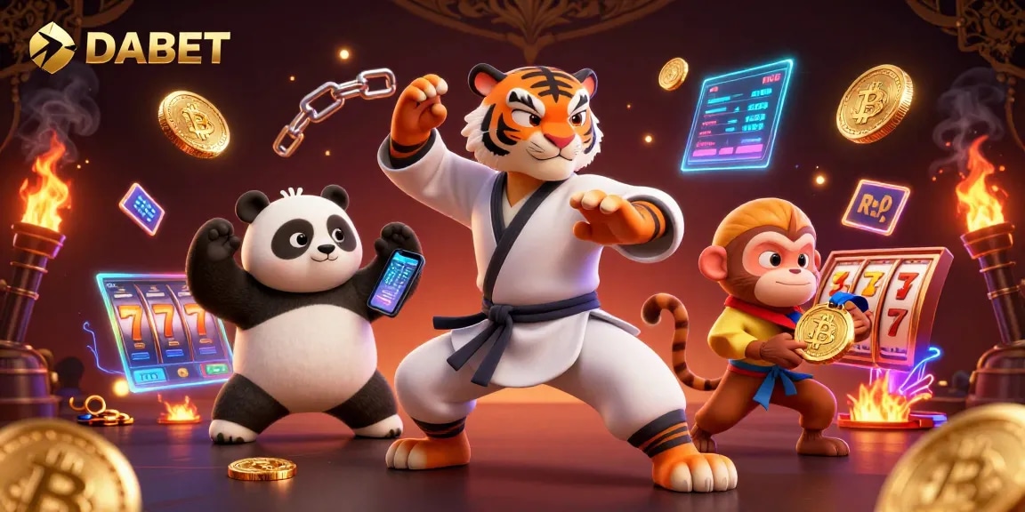 DABET showcases a vibrant 3D casino illustration with dynamic characters and rich gaming elements.