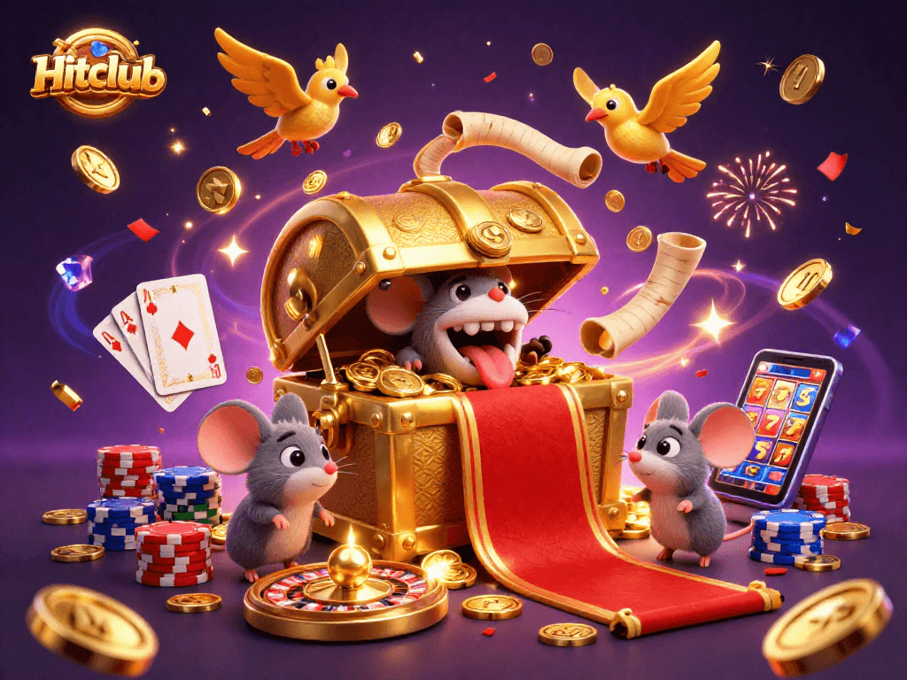 Hitclub showcases a treasure chest luring adventurer mice amidst a vibrant casino scene.