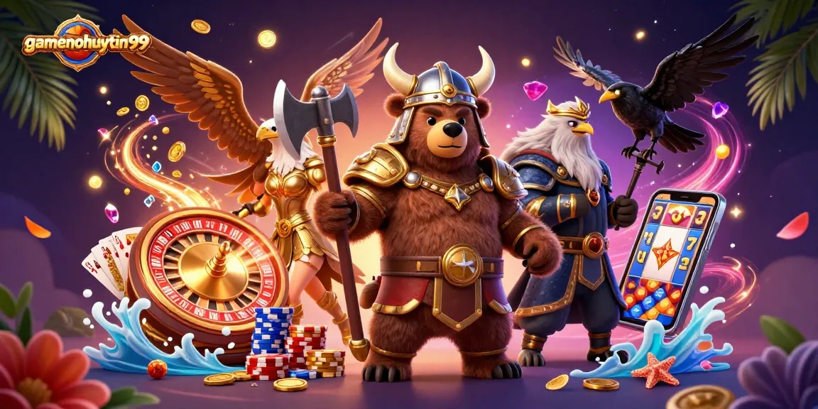 Experience the excitement of gamenohuuytin99 with a vibrant casino scene featuring a Viking bear and Valkyrie.