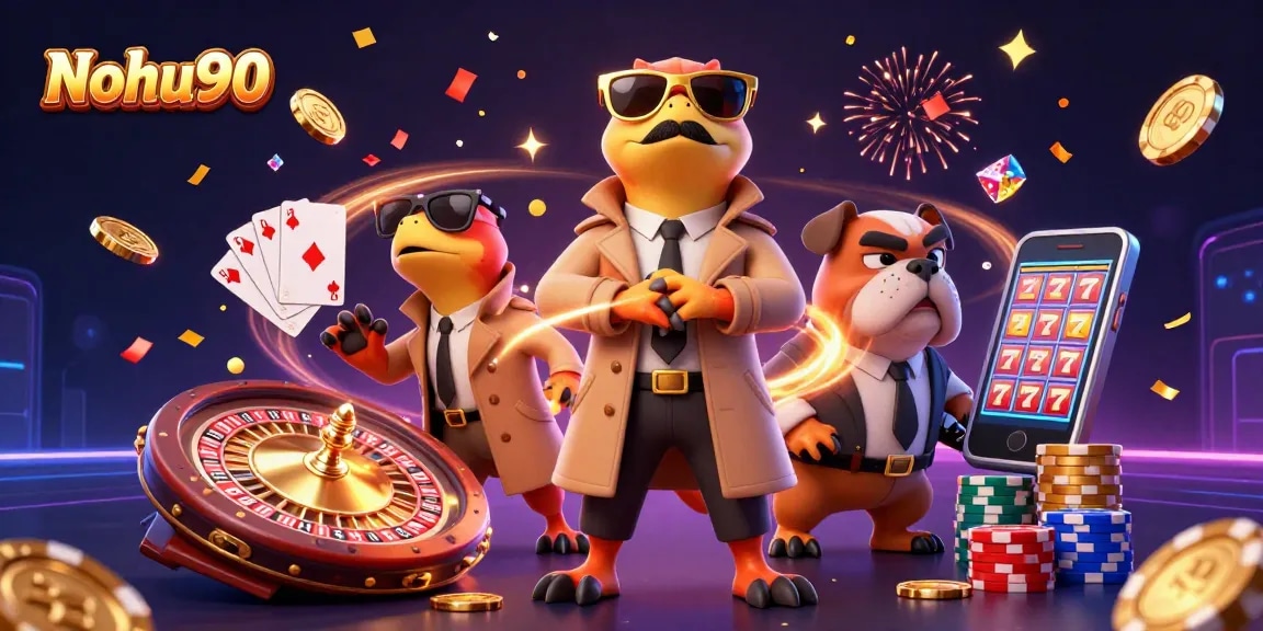 Nohu90 raptors in a trench coat entering VIP casino, surrounded by golden coins and gems.
