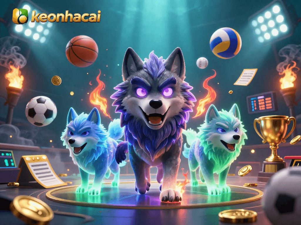 Engage with keonhacai's dynamic sports betting scene featuring mystical wolves and vibrant sports elements.