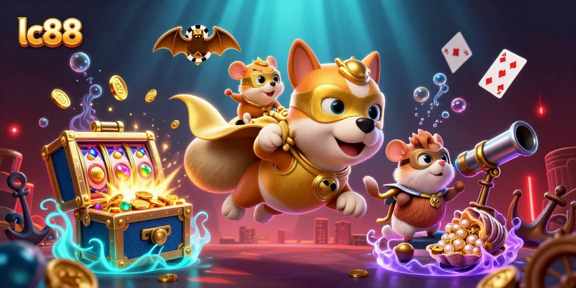 Experience thrilling victories with lc88's dynamic gaming scene, featuring a superhero dog and vibrant casino elements.