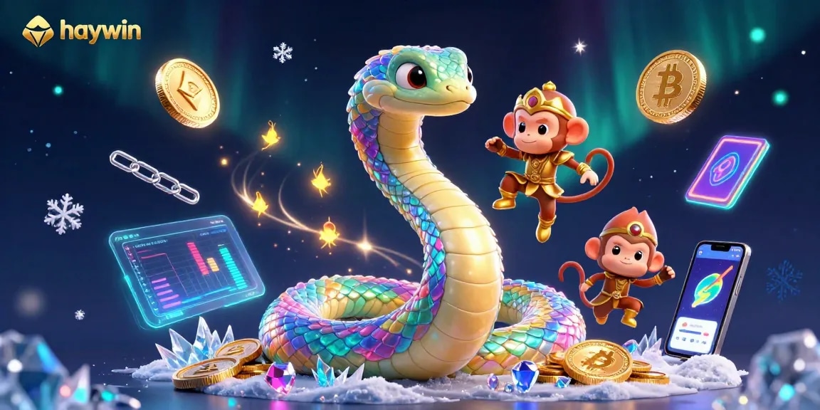 Experience thrilling gaming at haywin with vibrant visuals of a 3D rainbow serpent, crypto coins, and magical elements.