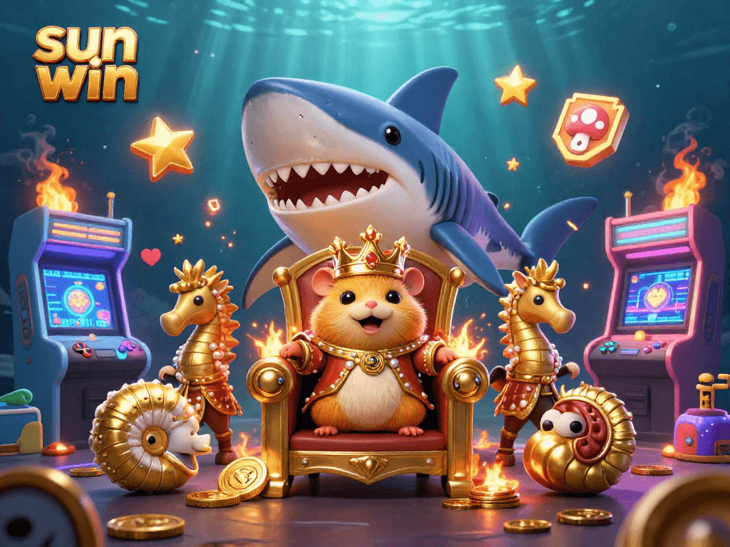 Experience thrilling gaming at sun win, featuring a fierce hamster king amidst vibrant casino elements.