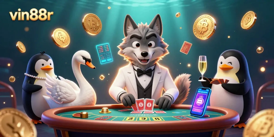 Experience thrilling baccarat with vin88r featuring clever characters at a bustling casino.