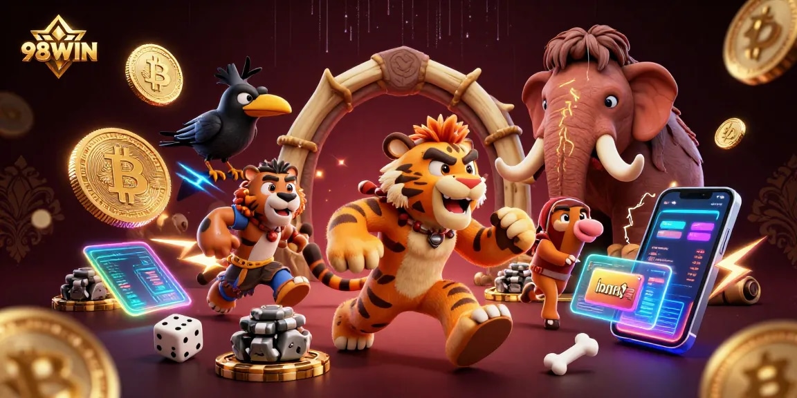 Engage in thrilling adventures with 98WIN at a prehistoric casino featuring unique characters and crypto elements.