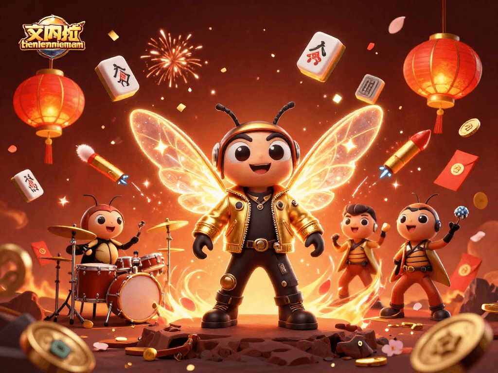 Experience thrilling gameplay with tienlenmiennam featuring a cicada rock star and vibrant casino elements in a captivating illustration.