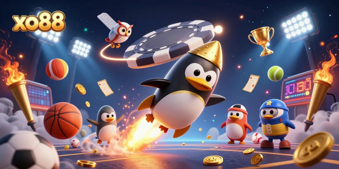 Experience thrilling gameplay with xo88 as a golden penguin zooms toward a cosmic casino.