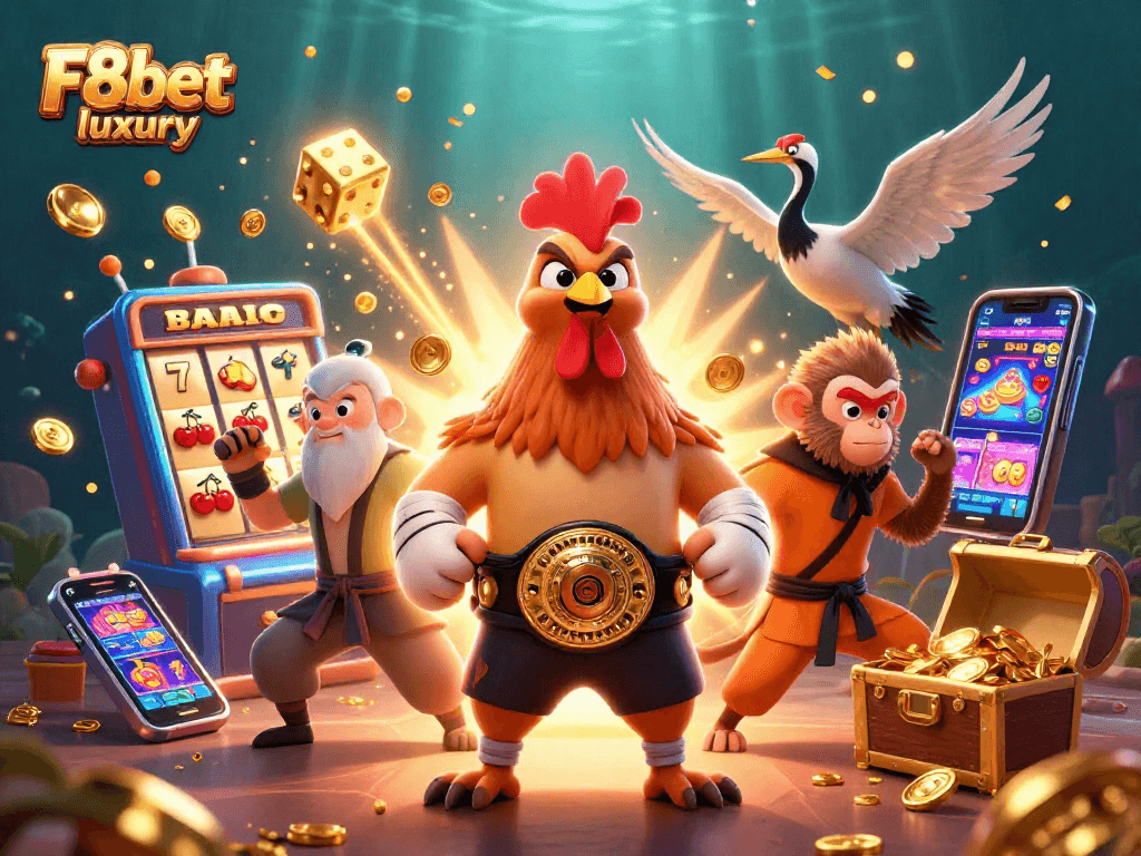 Experience the thrill of F8bet luxury with an energetic 3D casino scene featuring vibrant characters and slot symbols.