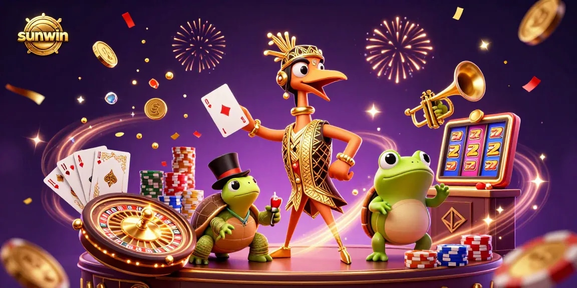 Experience the vibrant world of sunwin with thrilling casino vibes and dynamic characters in a dazzling 3D scene.