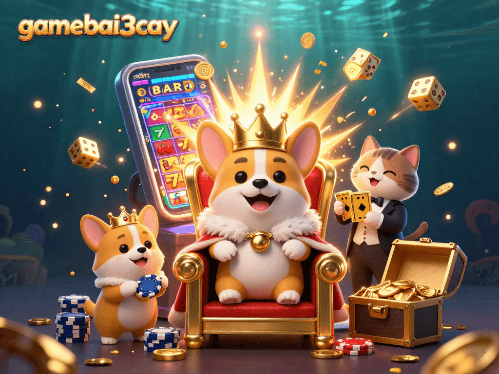 Join the action at gamebai3cay with a corgi royal in a vibrant casino scene filled with gold and excitement.